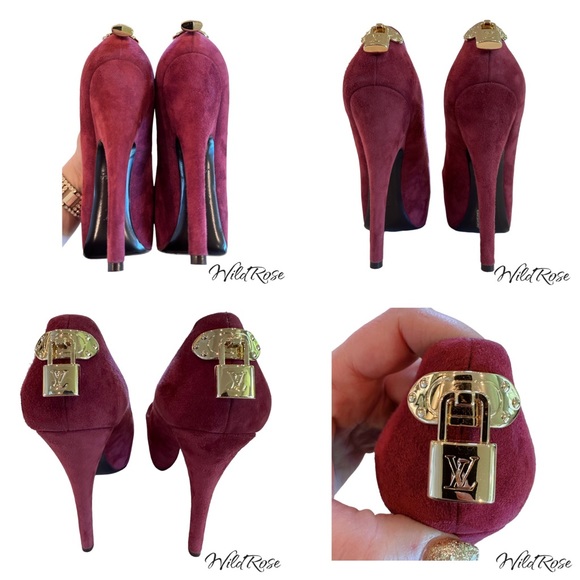 LOUIS VUITTON BURGUNDY SUEDE “OH REALLY” PEEP TOE LV PADLOCK GOLD HEEL PUMPS 36 - Picture 15 of 17